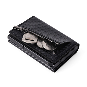 Billetera de cuero y fibra de carbono para Hombre, billetera magnética delgada Trifold RFID Pop Up, tarjetero de aluminio y Metal inteligente con cremallera - Product Image 4