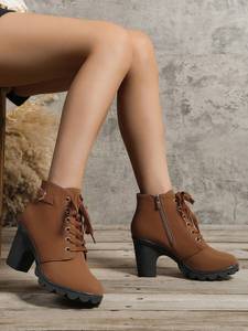 <span class=keywords><strong>Bottines</strong></span> à talon épais personnalisées pour femmes, <span class=keywords><strong>bottines</strong></span> en cuir PU à lacets avec fermeture éclair latérale et boucle, vente en gros OEM, bout rond - Product Image 3