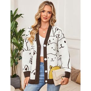 FOXA <b>Cat</b> Knit <b>Cardigan</b> Women Oversized Chunky Button Down Autumn Casual Kawaii Sweater With Cartoon Print Anti Pilling - Product Image 2