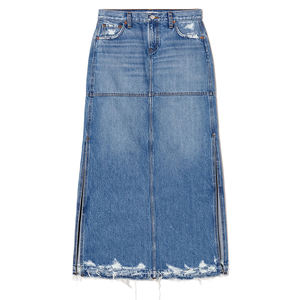 تنورة جينز نسائية مستقيمة متوسطة الخصر بطول الأرض على كلا الجانبين الشق المدمر ملابس الشارع الكاجوال المغسولة الثقيلة للصيف الحار - Product Image 5