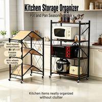 Chariot de cuisine roulant à 4 niveaux, étagère de rangement pliable avec étagères en bois, roulettes, support pour micro-ondes en métal noir, organisateur