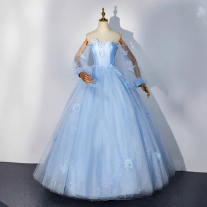 Blue Strapless Ball Gown Tulle Dress With 3D Floral Print Empire Waistline For Wedding Evening Events - Product Image 1