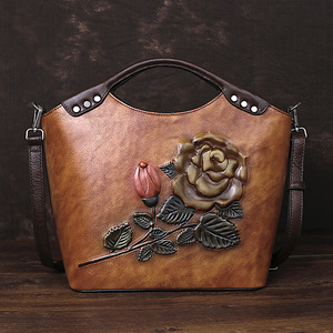 Sac fourre-tout grande capacité pour femme en cuir de vachette véritable première couche, fermeture éclair, style vintage rétro, doublure polyester - Product Image 1