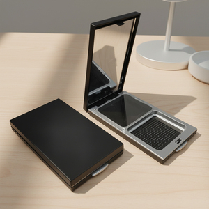 Luxury Matte Black Rectangle Portable ABS Plastic Custom <b>Empty</b> Pressed Powder Packaging Case with Puff for Cosmetic - Product Image 1