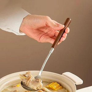 Cucharón de sopa de espátula de acero inoxidable vintage con <span class=keywords><strong>mango</strong></span> de madera de imitación de plástico, utensilio para cocinar y servir - Product Image 4