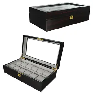 GC02-LG3-12EH 12槽可锁手表收纳器豪华木箱手表储物盒，带玻璃盖