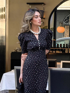 2025 nuovo arrivo nero estate nuovo disegno floreale a sbuffo con scollo a V abito da donna elegante alla moda stile francese abito da festa - Product Image 3