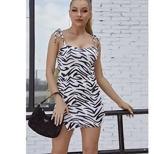 WD75 Moda Spaghetti Strap Mini Casual Mulheres Sexy Vestido Zebra 2020