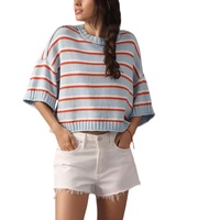 Pull court en coton rayé tricoté à manches courtes pour femme, style preppy rétro, avec ourlet roulé, vente en gros sur mesure