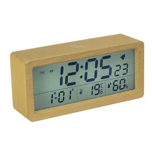 EMAF bamboo&wood digital table alarm clock watch desk smart backlight clock wholesale suppliers humidity temperature alarm clock