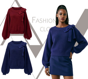 Maglione da donna blu navy in <span class=keywords><strong>maglia</strong></span> waffle, con <span class=keywords><strong>spalle</strong></span> <span class=keywords><strong>scoperte</strong></span>, fiocco decorativo, scollo a O, pullover a costine, classico, stile preppy, corto, lavorato a <span class=keywords><strong>maglia</strong></span> - Product Image 3