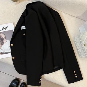 高品质女式冬季短款西装外套 S-3XL 黑白纯色图案单排扣西装外套，带纽扣装饰 - Product Image 5