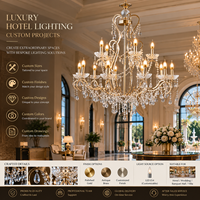 Lustre en cristal de luxe pour projet hôtelier, style bougie, avec structure en fer doré, pour décoration intérieure de banquets