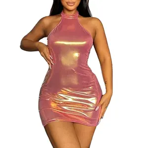 2024 sleeve cross-border bright face sexy bag hip tight dress nightclub spice girls halter halter dress wholesale stock