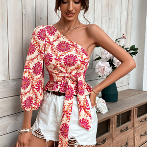 2026 Sexy Casual <span class=keywords><strong>Mandala</strong></span> estampado un <span class=keywords><strong>hombro</strong></span> linterna manga volante dobladillo Blusa con cinturón Top <span class=keywords><strong>mujer</strong></span> señora camiseta - Product Image 1