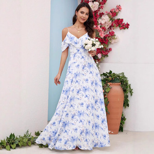 Vestido Casual de Verano con Estampado Floral, Hombros Descubiertos, Cintura Imperio, Transpirable, para Ocio - Product Image 1