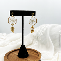 Bijoux anciens pour femmes, feuille hexagonale en or et dentelle de la reine Anne, véritable fleur, boucles d'oreilles pour elle