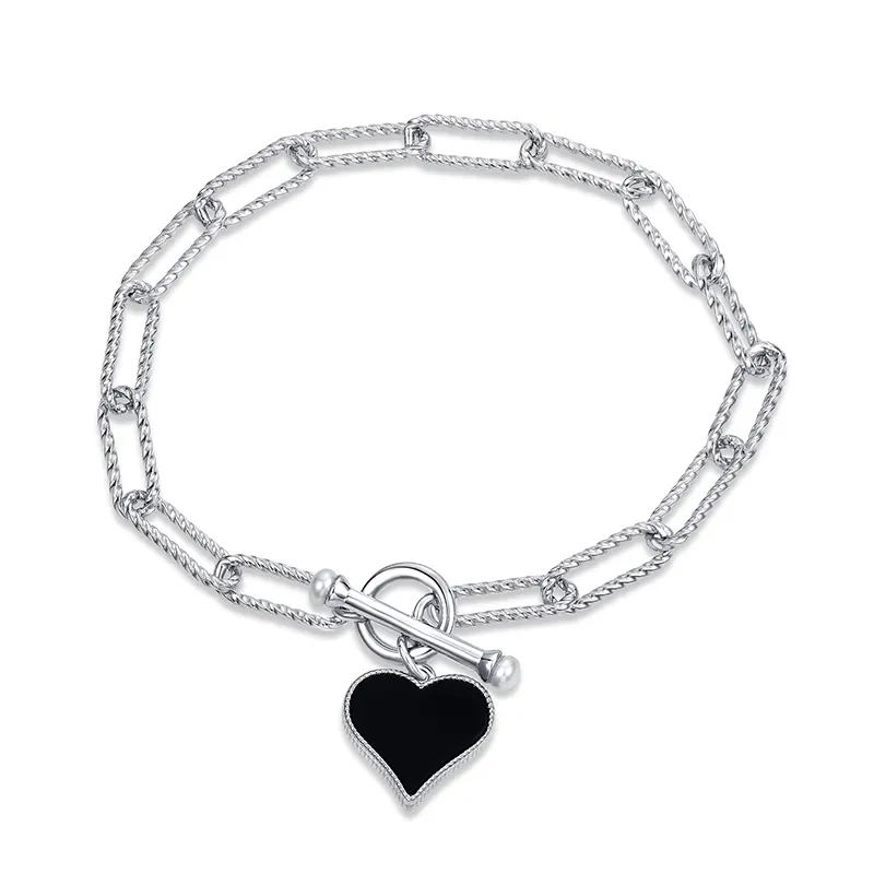 Bracciale rettangolare in argento sterling 925 con catena a croce con ciondolo a conchiglia bianca in onice nero a forma di cuore