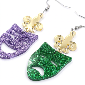 Boucles d'oreilles <span class=keywords><strong>masque</strong></span> Mardi Gras, pailletées violettes et vertes, asymétriques, motif fleur de lys, bijoux de carnaval, cadeau, vente en gros - Product Image 2