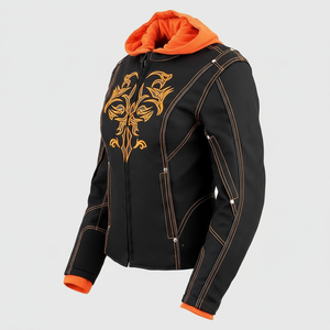 Chaqueta textil con capucha OEM Premium para mujer en negro y morado con diseño tribal reflectante, ropa de invierno para exteriores para motocicleta - Product Image 1
