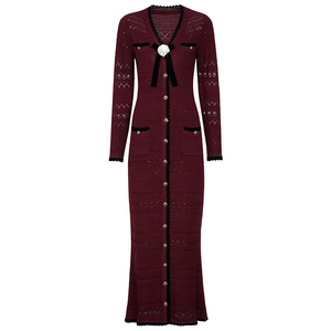 Nuovo Abito Lungo <span class=keywords><strong>in</strong></span> <span class=keywords><strong>Maglia</strong></span> alla Moda per Donne: <span class=keywords><strong>Maniche</strong></span> <span class=keywords><strong>Lunghe</strong></span>, Traforato, Scollo a V Bicolore con Bottoni Dorati, <span class=keywords><strong>Vestito</strong></span> Retrò da Festa - Product Image 5