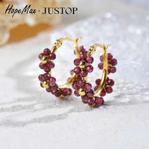Gold Plated Hoop <b>Earrings</b> With <b>Garnet</b> Beads Women's Classic Everyday Wear Jewelry - Product Image 5