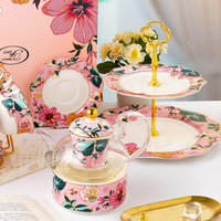 Set Teh Keramik Bone China Desain Elegan Gaya Baru Mewah dengan Cangkir Kopi dan Tatakan, Teko, dan 2 Tingkat Tempat Kue untuk Hadiah