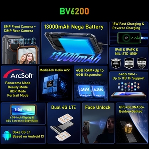 Blackview BV6200 Helio <span class=keywords><strong>A22</strong></span> 6.56'' Android13 Appareil robuste 8GB 64GB Caméra arrière 13MP 13000mAh Avec charge 18W Double 4G Celular - Product Image 4