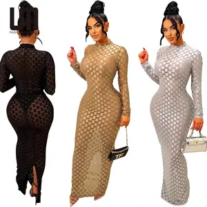 Liu Ming New Product 2024 Elegant Women Mesh See Through Plaid Full Sleeve Evening Gown Long Party Club Dress