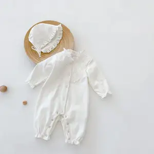 Ins Spring Autumn Newborn Infant Baby 100% Cotton Romper Long Sleeve Lace White Snap Button Baby Girl Jumpsuits