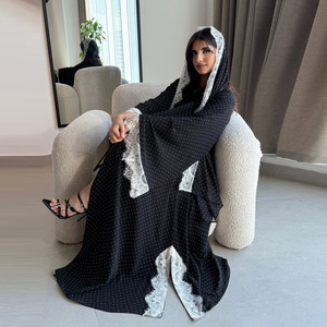 Lace Trimmed Black and Open <strong>Abaya</strong> Polka Dot Design with <strong>Unique</strong> White Lace Trim on Sleeves Modest Muslim <strong>Abaya</strong> 2026 - Product Image 3