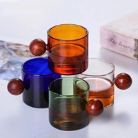 Lot de 4 verres colorés avec poignées en bois, 120 ml, pour expresso, thé, saké, pour bar à domicile, ambre, bleu, vert, vente en gros