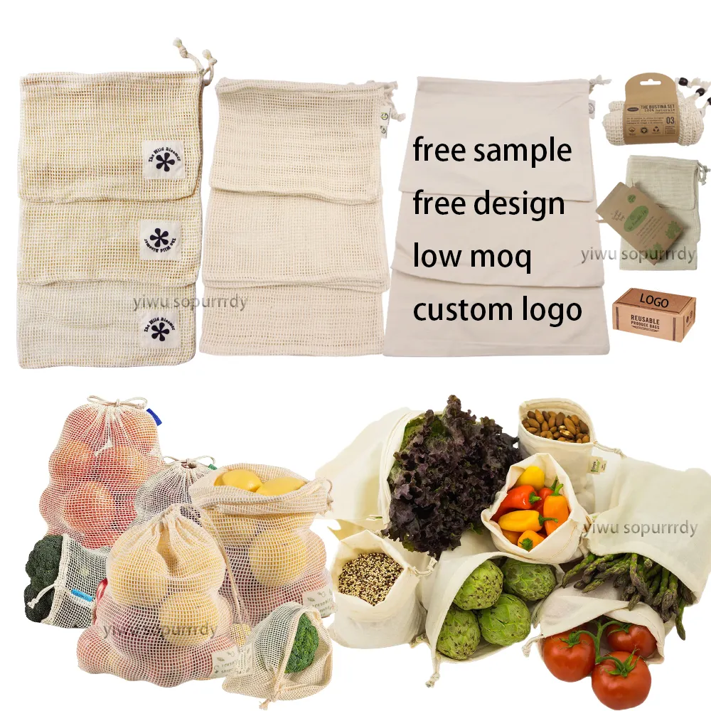 Kustom katun organik dapat digunakan kembali belanja buah produksi jala karung bawang jaring jaring Menggambar tali tas jaring untuk belanja sayuran