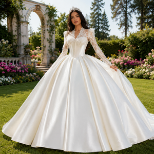 Lscm98 Modern Elegant Ivory Ball Gown <b>Wedding</b> Dress Lace Appliques Illusion Satin Bridal Pearl Button Bodice Smooth Full Skirt - Product Image 1