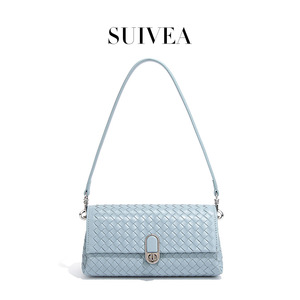 Bolso de Hombro Tejido de Moda para Mujer, de Cuero PU, con Correa Única, Cierre de Hebilla con Diseño de Diamantes, para Uso Diario, Color Azul Claro - Product Image 2
