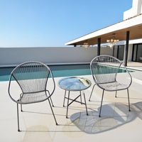 Ensemble de 3 chaises de bistrot en rotin de type corde ronde avec dessus en verre table de conversation chaises d'extérieur pour patio jardin arrière-cour