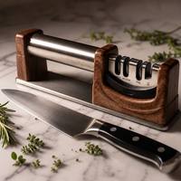 Afilador de Cuchillos 4 en 1 con Mango de Acero Inoxidable, Cuerpo con Diseño de Madera, Base Antideslizante, 3 Etapas y Ranura para Tijeras, para Cocina