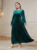 Robe longue en velours pour femmes grandes tailles, col rond, manches longues lanternes, volants superposés, robe de soirée longue HX6213