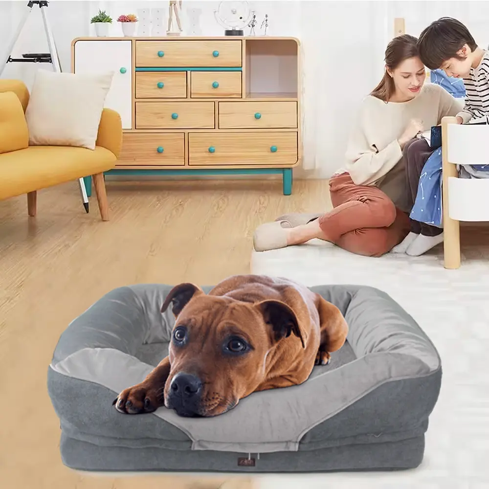AFP su geçirmez Tan gri Pet çekyat kaymaz alt ile çıkarılabilir köpek yatağı büyük kabarık yıkanabilir bellek köpük Pet köpek kanepesi çekyat
