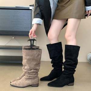 Lüks moda çizmeler ithal dana derisi at koşumu kare topuk sonbahar kış düz çizmeler - Product Image 3