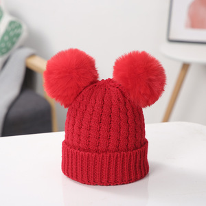 Custom Label Solid White Brown Warm Winter Kids Knitted Hat Single-cuff Cute Double <strong>Pom</strong> <strong>Pom</strong> Children Winter <strong>Beanie</strong> Hats - Product Image 6