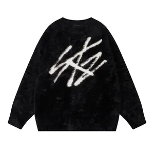 2024 Custom LOGO OEM/ODM Men Fashion Fuzzy Jacquard Pattern Design Fashion Mohair Sweater