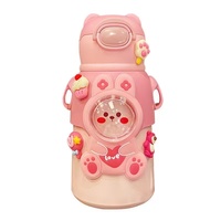 Mignonne gourde isotherme pour enfants de 500 ml en acier inoxydable 316 sans BPA, motif ours de dessin animé, portable, avec paille et sangle pour étudiants et jeunes enfants