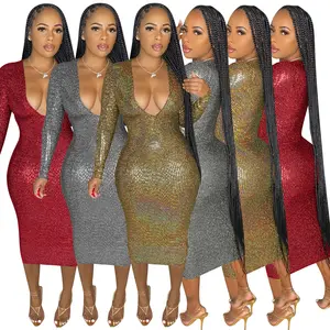 FE257 New Arrivals Deep V Neck Long Sleeve Bodycon Dress Sexy Party Dresses Women Night Wear Midi Dress