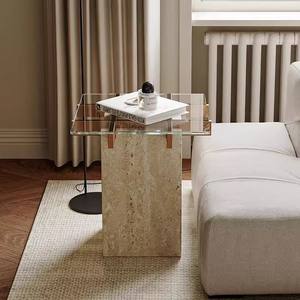 Table basse en verre travertin naturel 50x50x55cm, table d'appoint carrée moderne pour salon, pour adultes et personnes âgées - Product Image 3