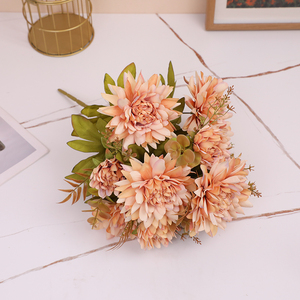 Bouquet de fleurs artificielles en soie 11 têtes de chrysanthème reine, décoration florale douce pour table et salon, art floral, peinture à l'huile Dahlia - Product Image 6