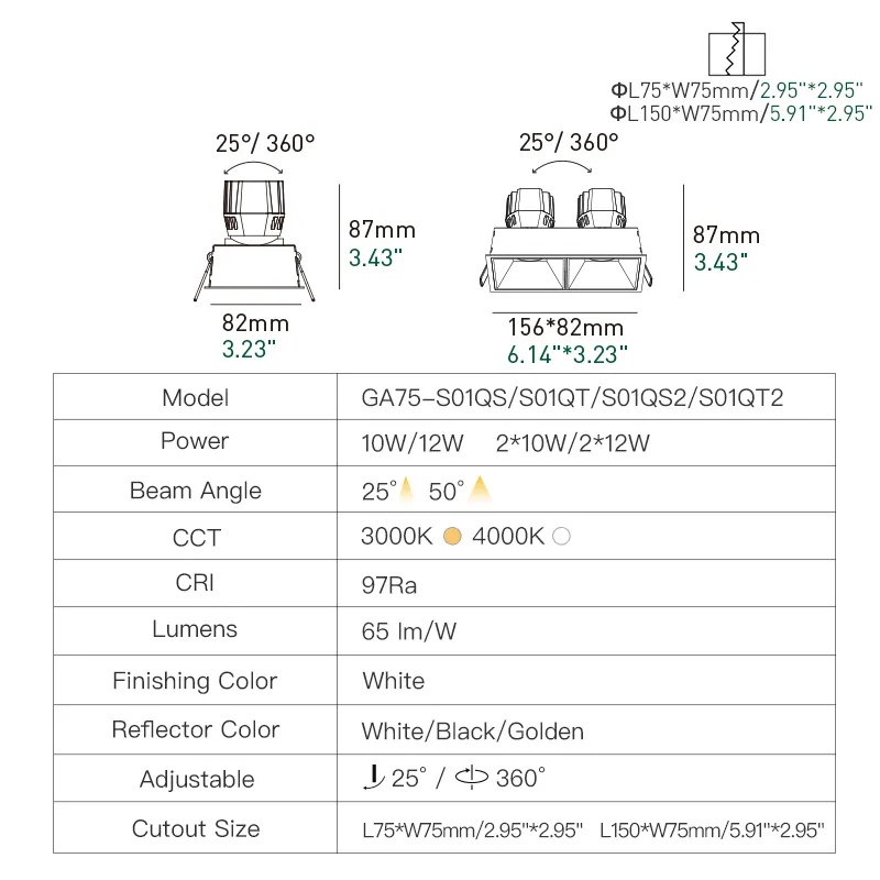 XRZLux מתכוונן תאורה שקועה מרובעת 10W 20W LED זרקור תקרה אלומיניום אנטי בוהק LED COB תאורה למטה לבית מלון