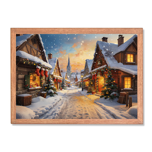 Cuadro de Pueblo Navideño Enmarcado, Pintura al Óleo sobre Lienzo, Arte de Pared con Marco de Madera Negra, Impresión de Cabaña Rústica, Decoración para el Hogar - Product Image 3