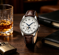 Montre mécanique automatique pour homme avec affichage des phases lunaires, bracelet en cuir véritable, montre-bracelet pour affaires