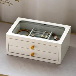 Transparent Wooden Jewelry Box Rectangle Modern Style <b>With</b> Glass Top And Four <b>Drawers</b> For Earring Storage Display - Product Image 4